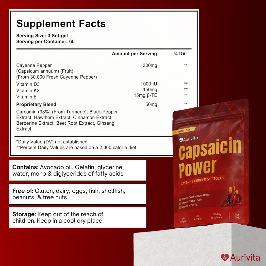 Supplement facts label and packaging of Capsaicin Power softgels on a red background