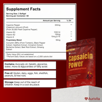 Supplement facts label and packaging of Capsaicin Power softgels on a red background