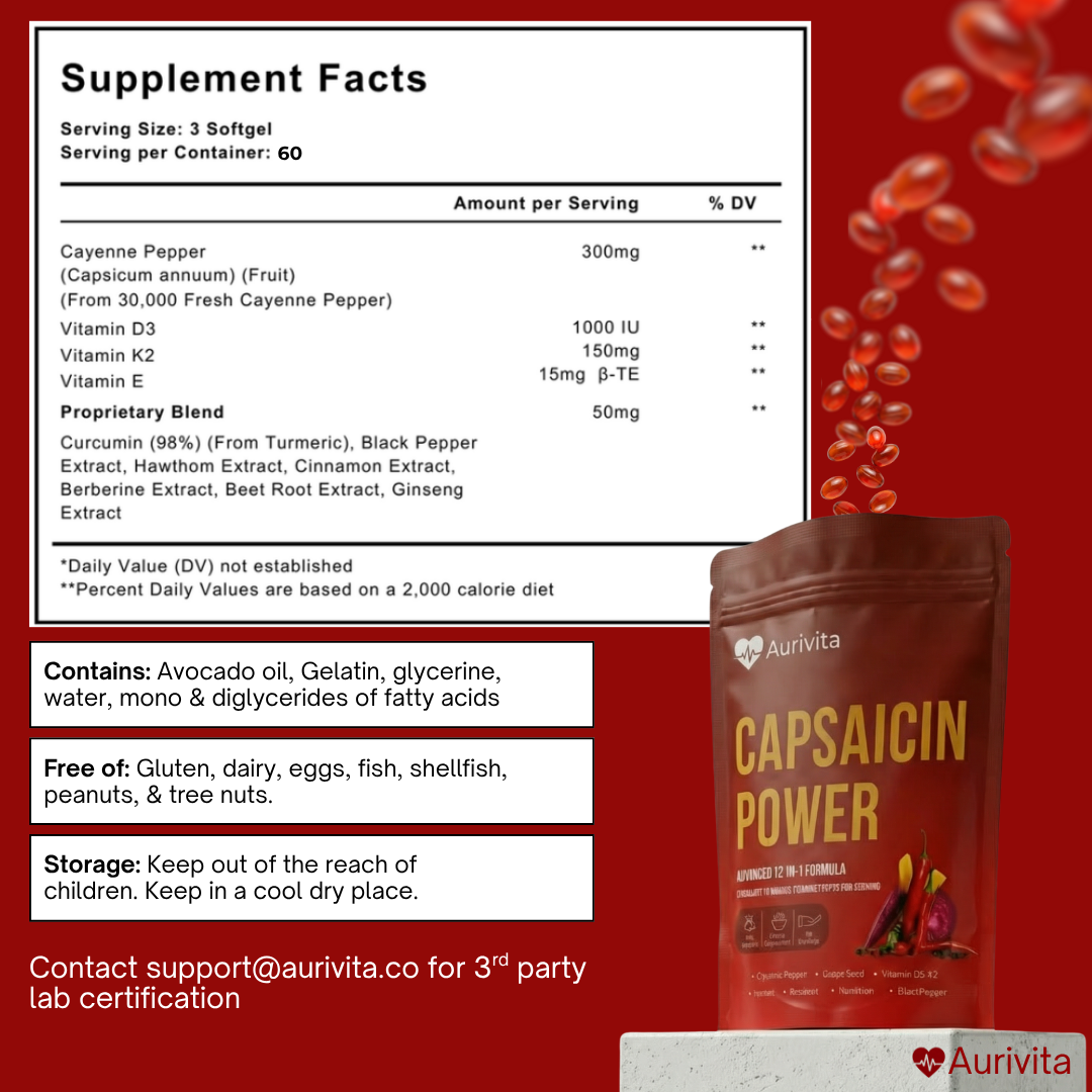 Supplement facts label and packaging of Capsaicin Power by Aurivita on a red background.