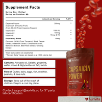 Supplement facts label and packaging of Capsaicin Power by Aurivita on a red background.