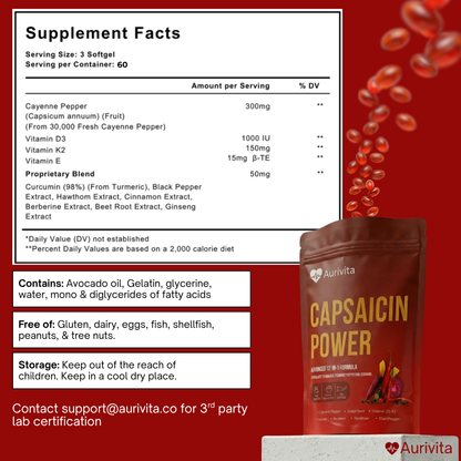 Supplement facts label and packaging of Capsaicin Power by Aurivita on a red background.
