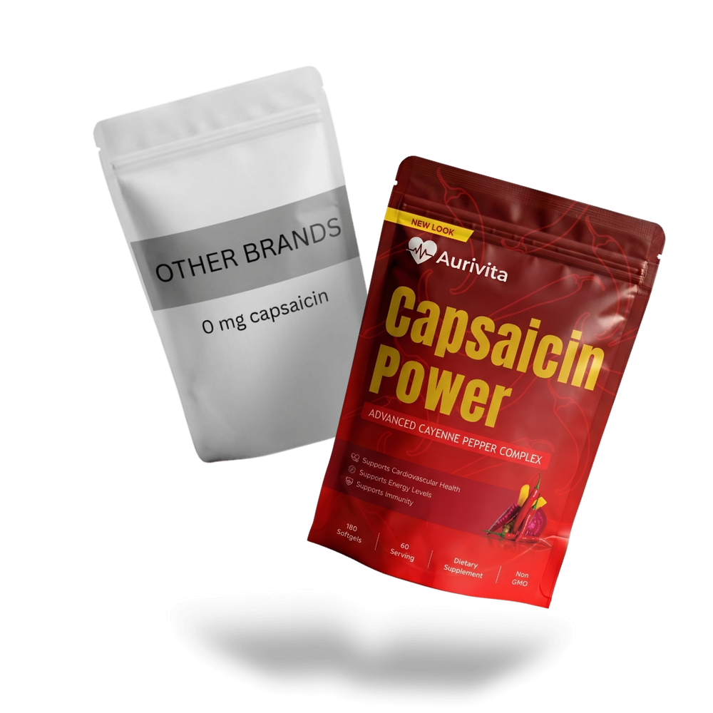 Two packages side by side, one labeled 'Other Brands' and the other 'Aurivita Capsaicin Power'.