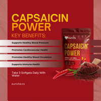 Aurivita Capsaicin Power supplement package with key benefits on a red background