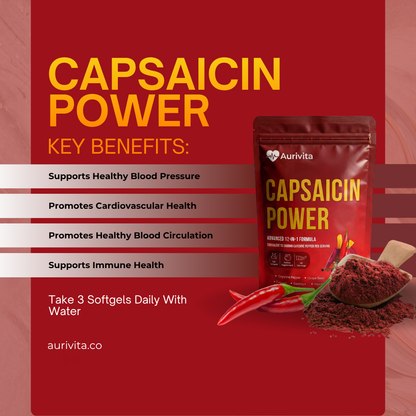Aurivita Capsaicin Power supplement package with key benefits on a red background
