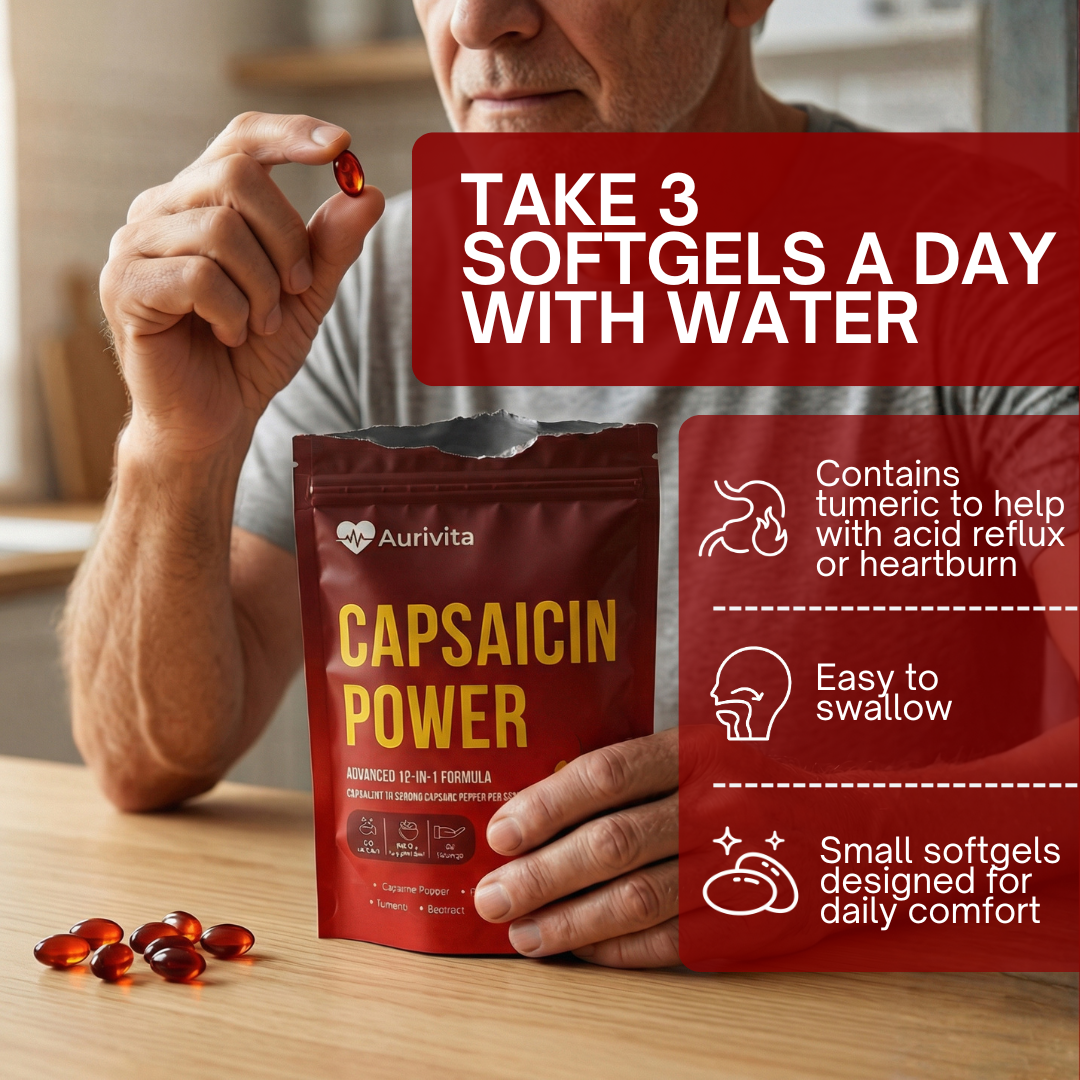 Person holding a package of Aurivita Capsaicin Power softgels with text on a wooden surface.
