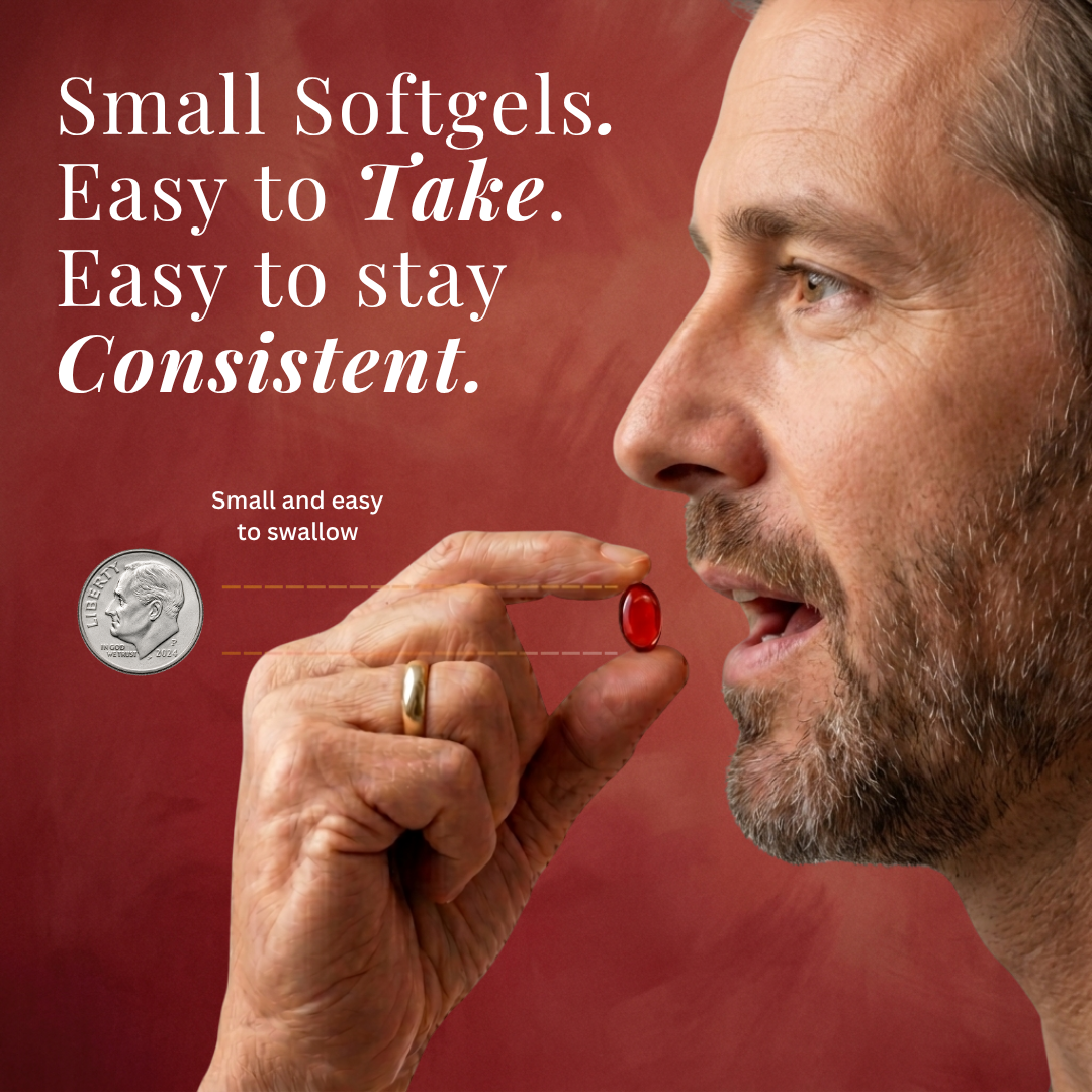 Man holding a small softgel pill next to a coin for size comparison on a red background.